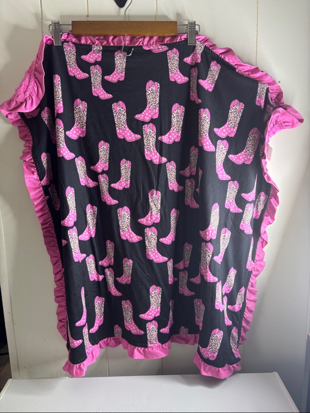 Black Baby Blanket with Pink Cowboy Boot Print and Pink Ruffle Trim